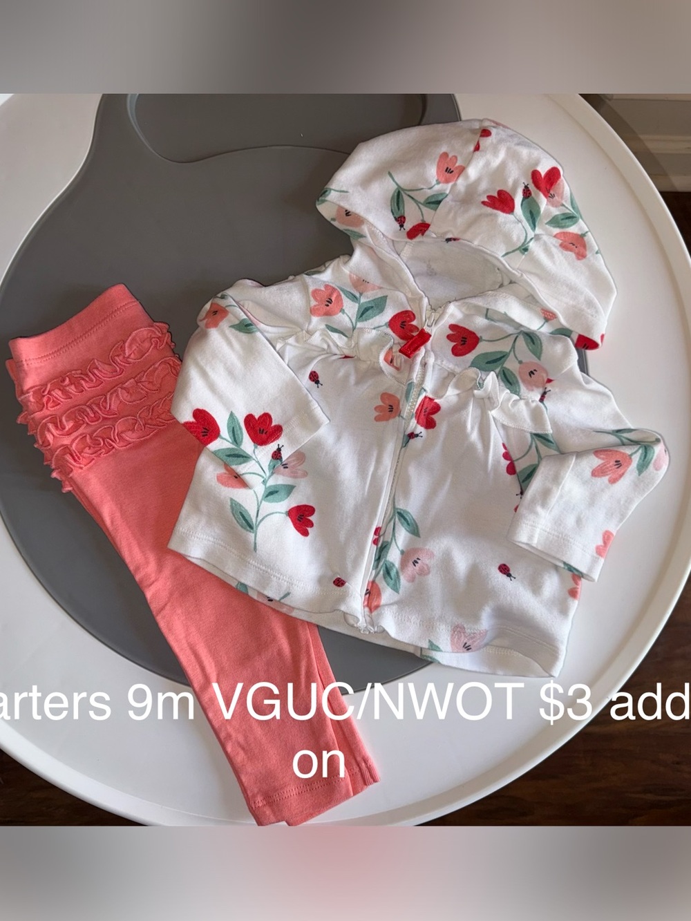 Carter's White Floral Hoodie & Coral Ruffle Leggings Set